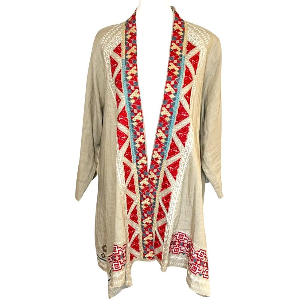 James Bryan Linen Aztec Embroidered Boho Drape Kimono-Cardigan Size XL